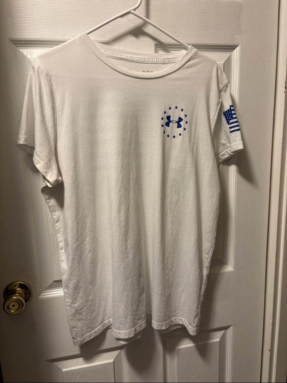 Under Armour White Short Sleeve Tee with Blue Logo and Flag Sleeve